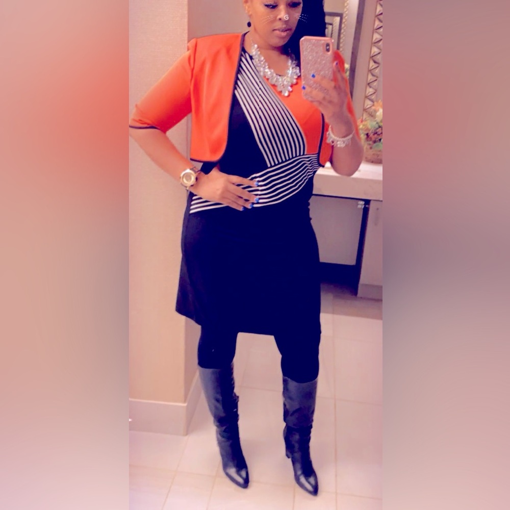 Two Piece blazer, dress suit orange, black, and white stripes